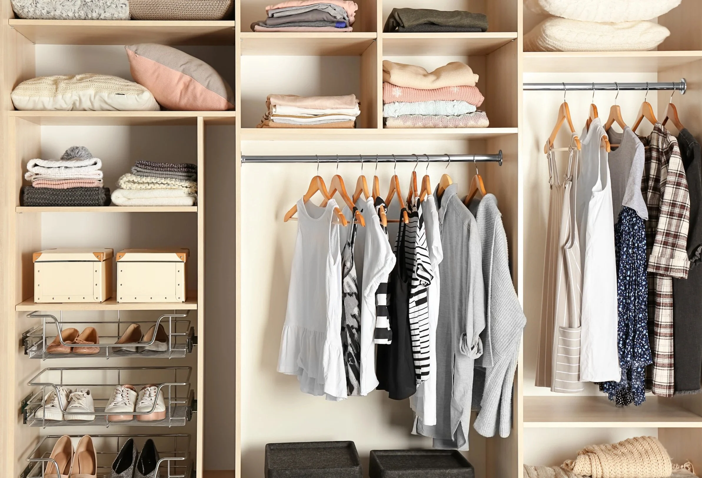 Closet with neatly hung clothes and organized shelves.