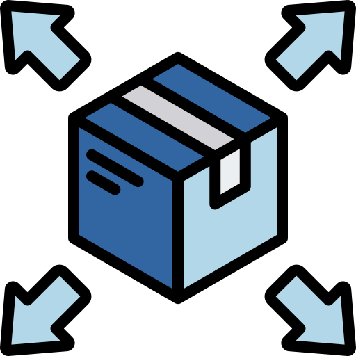 Icon of a cardboard box with arrows pointing outward from each corner, indicating size change or expansion.