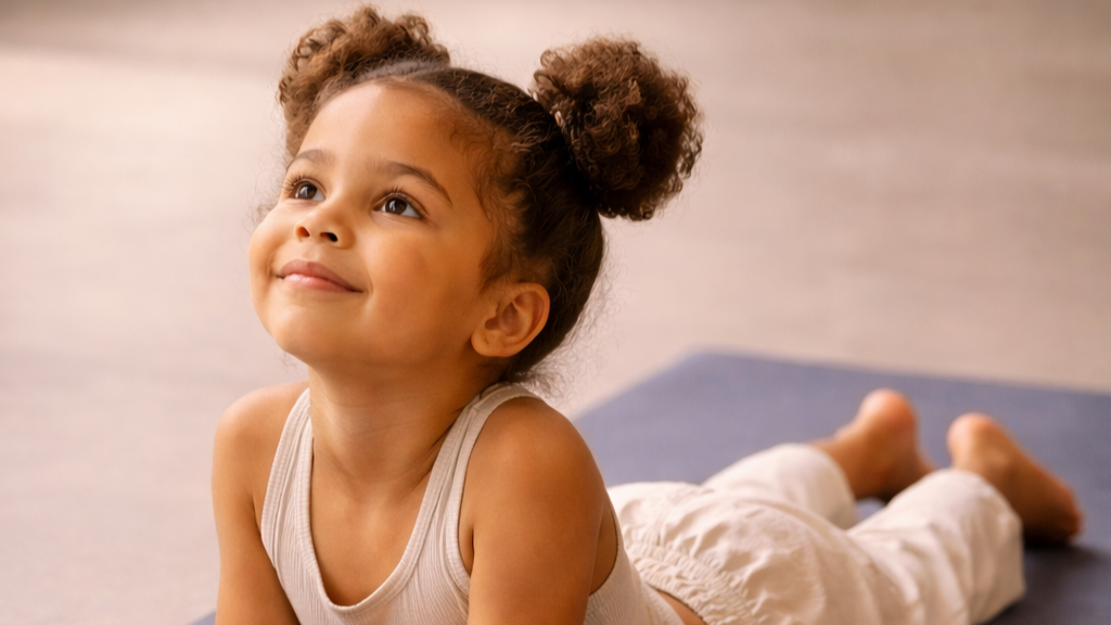 Formation de yoga pour enfants en 300h, on y voit une petite fille métisse souriante aux yeux marrons en chien tête en haut, dans une tenue claire et sur un tapis gris foncé.