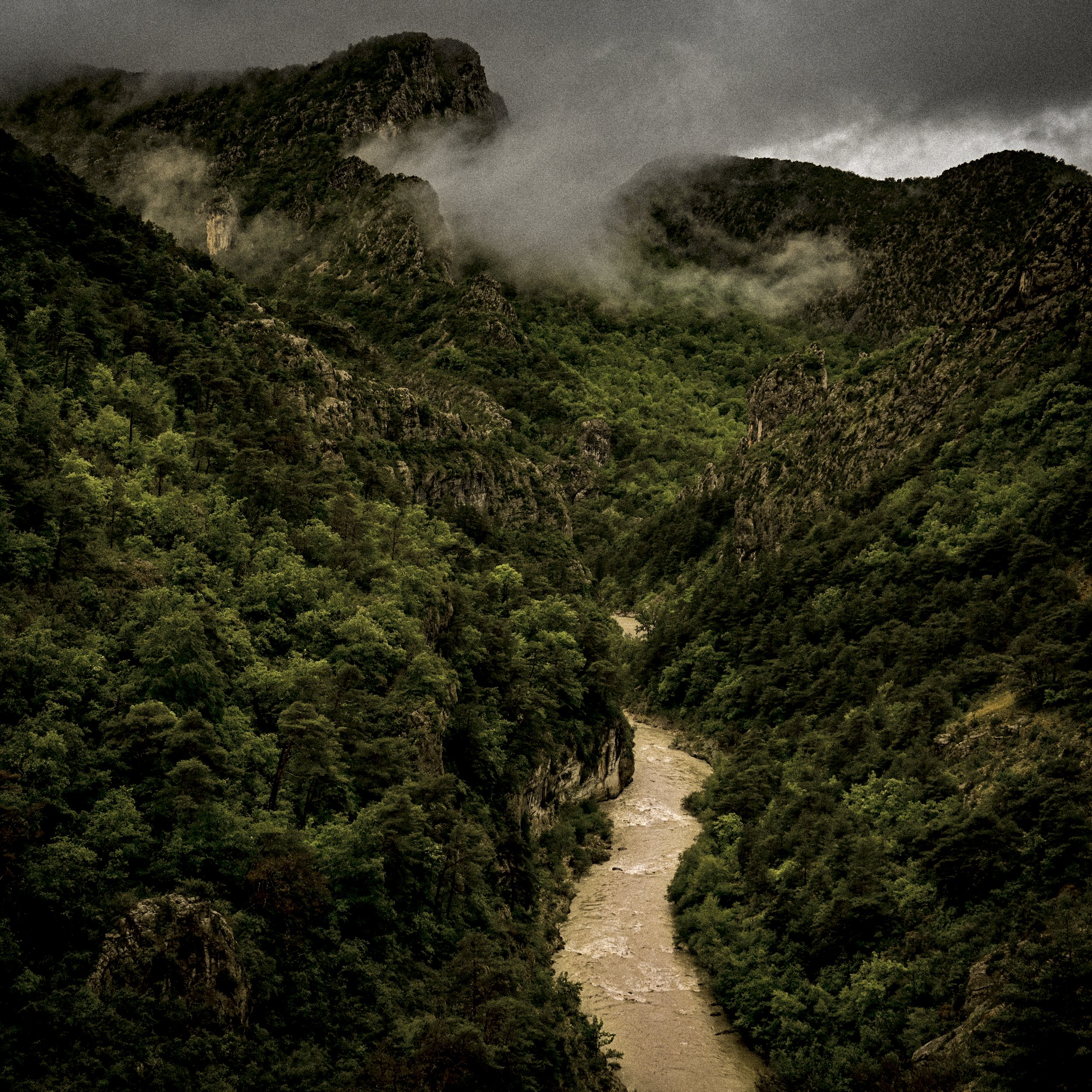 Vallée étroite entourée de montagnes rocheuses couvertes d'arbres, avec une rivière au centre et des nuages bas au sommet.