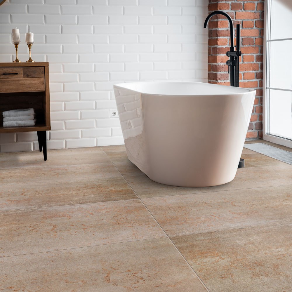 Stone tiles to floor, Metro tiles to wall.