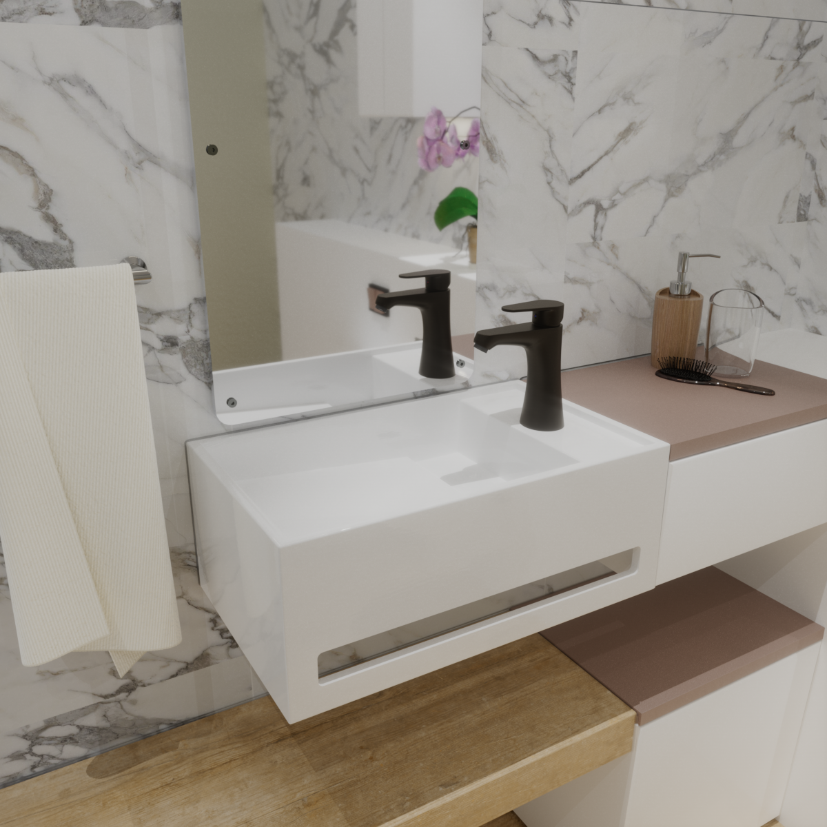 Marble tiles, Dune stone basin & Matt black tap