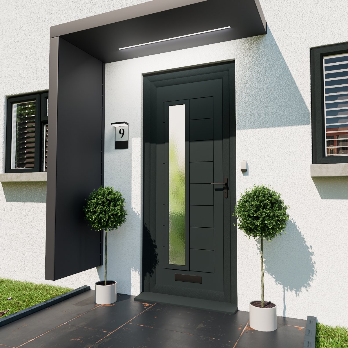 Crystal Anthracite Composite front door, uPVC windows & Slate floor tiles.