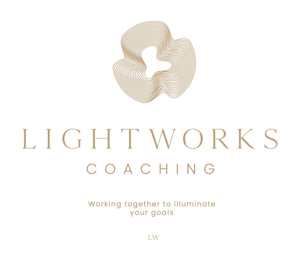 Logo with a 3D gold-colored abstract shape and the words 'LIGHT WORKS COACHING' in large letters, and a tagline 'Working together to Illuminate your goals' at the bottom.
