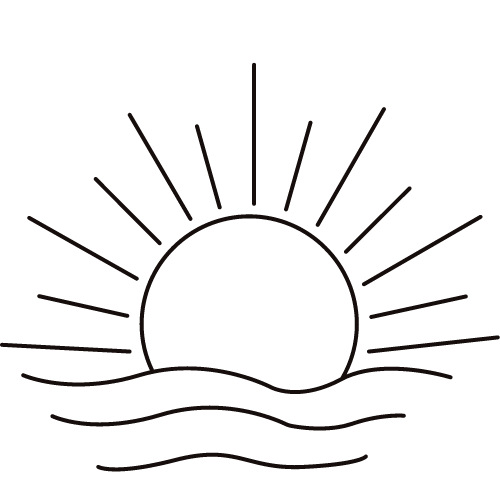 Simple black and white illustration of a sun setting over water.