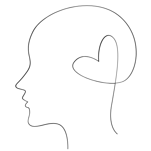 Silhouette of a human head in profile with a heart shape inside the brain area.