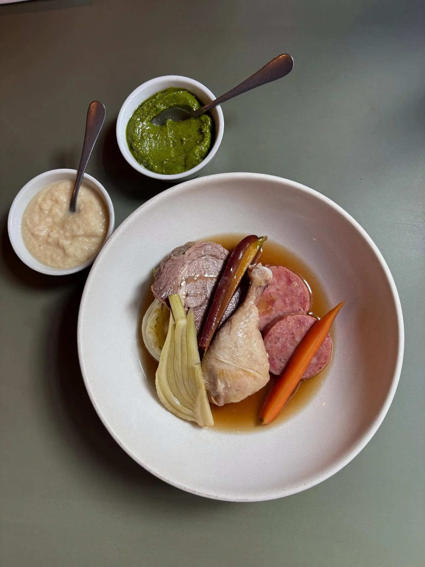 Bollito misto from our Piedmont menu. Served with salsa verde and horseradish sauce. Swipe left for today&rsquo;s menu!