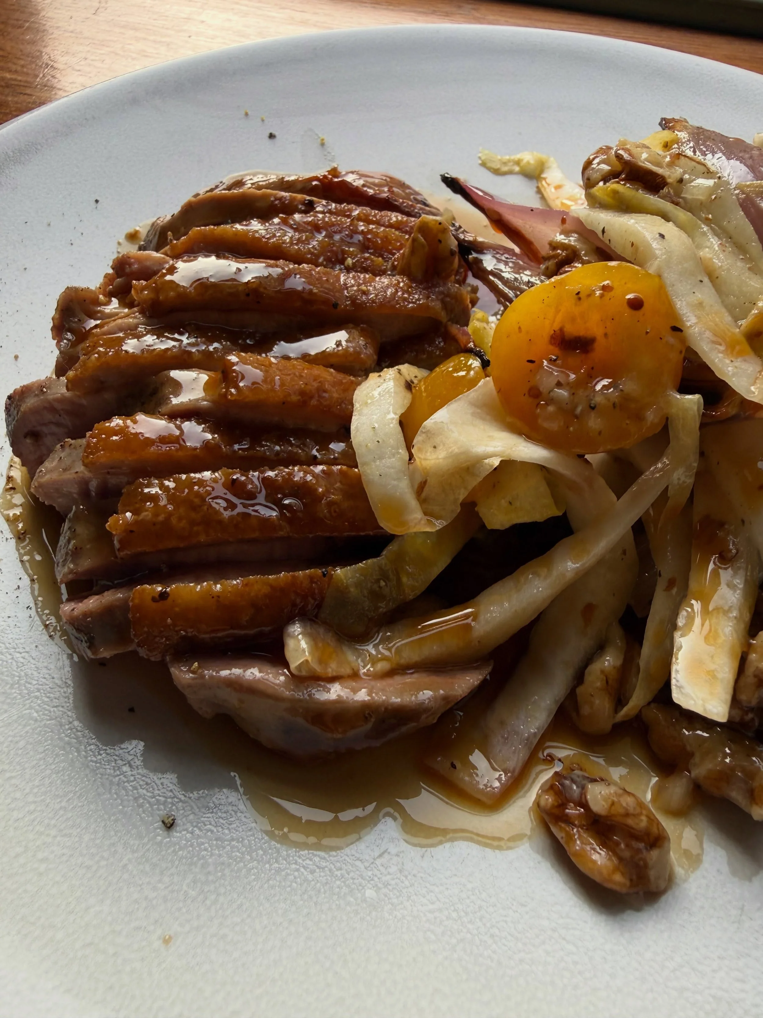 Crispy duck and plums on tonight