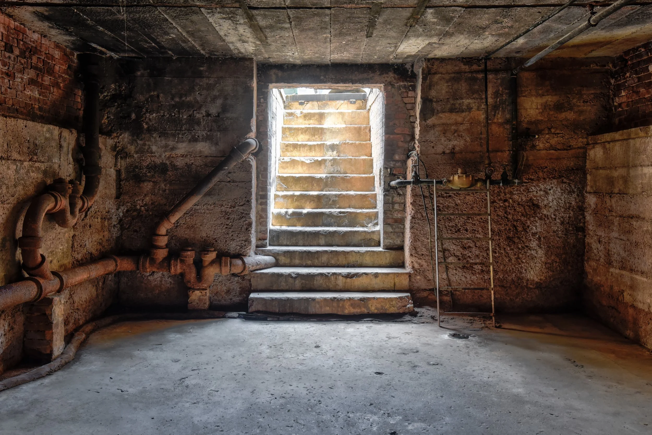 Underground basement with concrete floor, exposed brick and concrete walls, rusty pipes on the left, a set of worn stone stairs leading up to an opening with bright light, and structural support beams and pipes on the right.