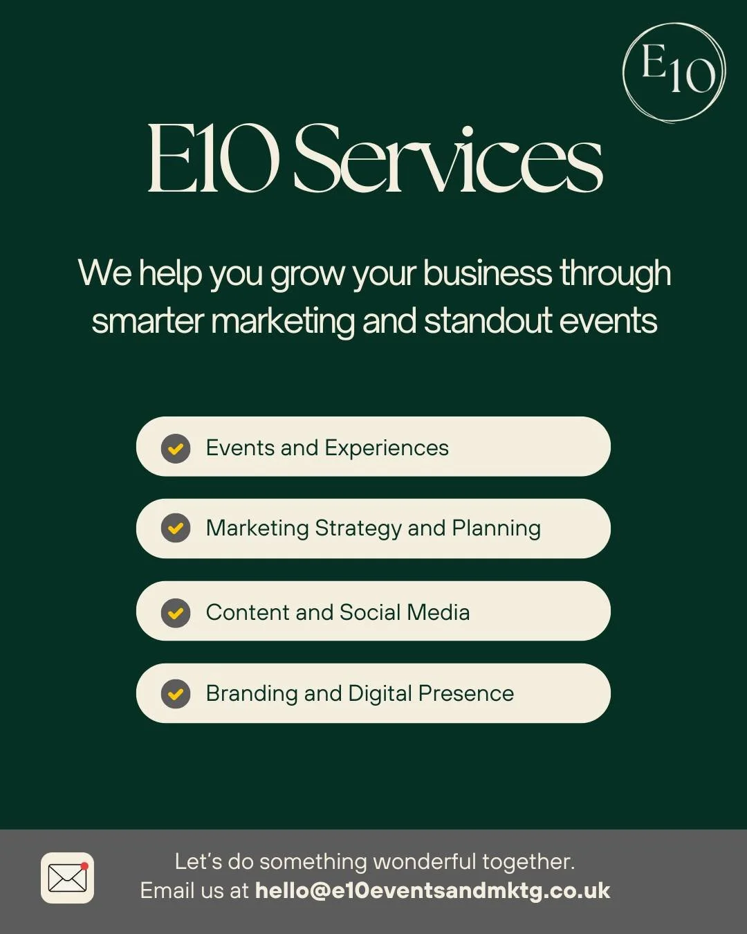 We help you grow your business through smarter marketing and standout events 💪 ✨️ 

Whether you need a clear plan, consistent content, or hands-on support, we become an extension of your team to deliver real results. 

Get in touch today to find out
