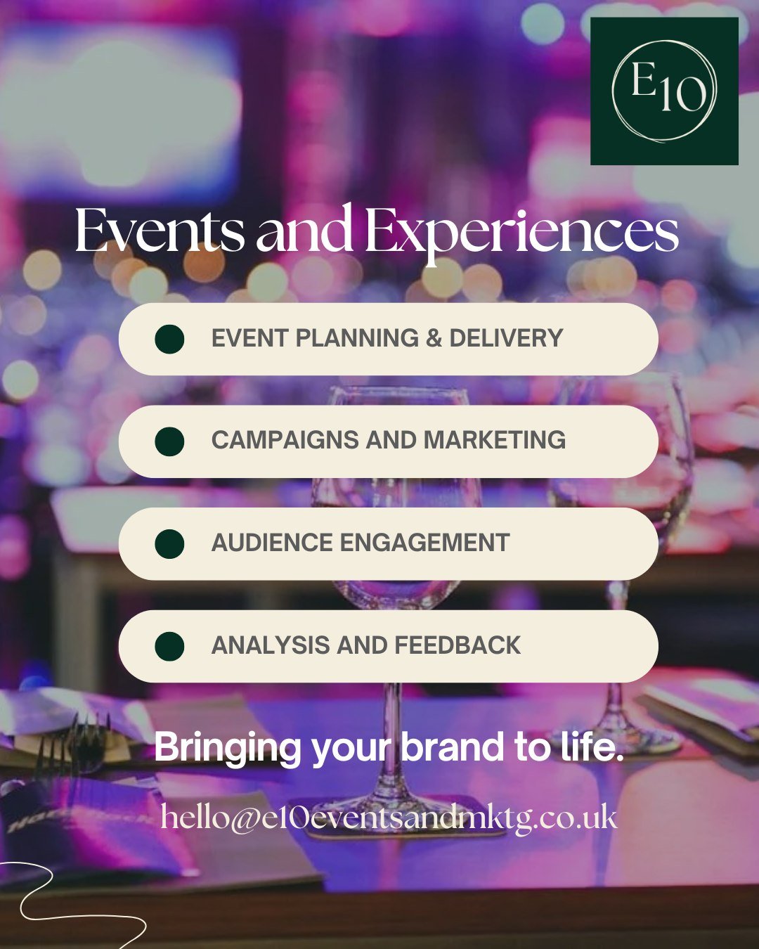 ✨ Bringing your brand to life through unforgettable events and experiences ✨

From the first idea to the final applause, E10 helps businesses create events that engage audiences, strengthen relationships, and deliver measurable results.

If you're pl