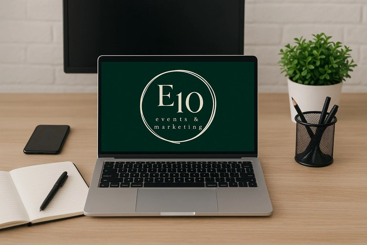 A workspace with a laptop displaying the logo of E10 events & marketing, a notebook with a pen, a smartphone, a small potted plant, and a pen holder with black pens on a wooden desk, with a white brick wall in the background.