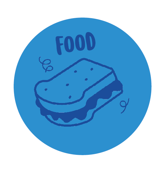 Icône bleue représentant un sandwich avec le mot 'FOOD' au-dessus.