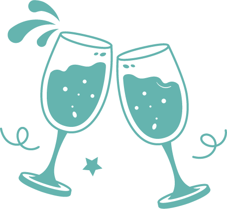 Deux flûtes à champagne qui trinquent, avec des bulles et des serpentins décoratifs.