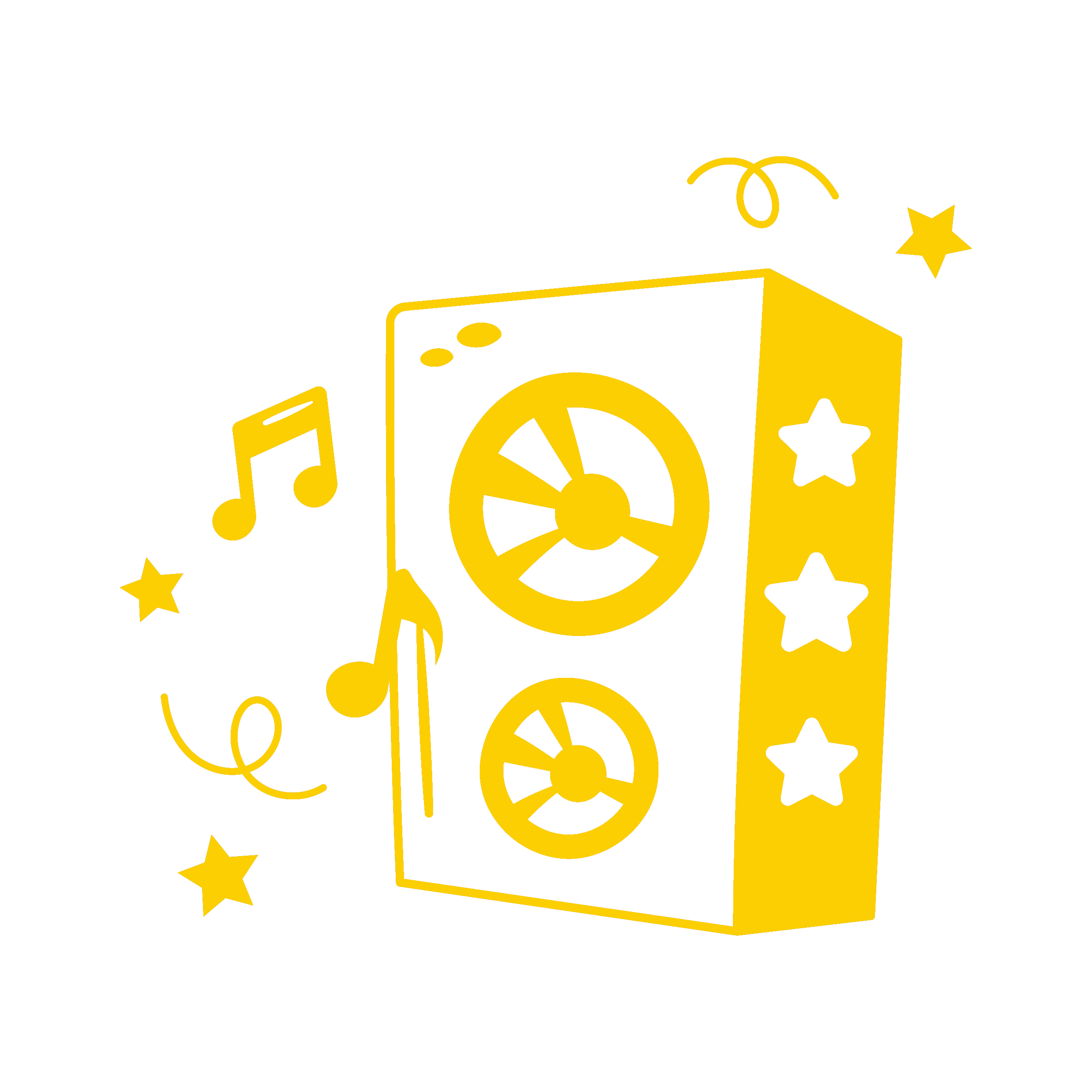 Design graphique jaune représentant une boîte à musique avec des étoiles et des éléments musicaux.