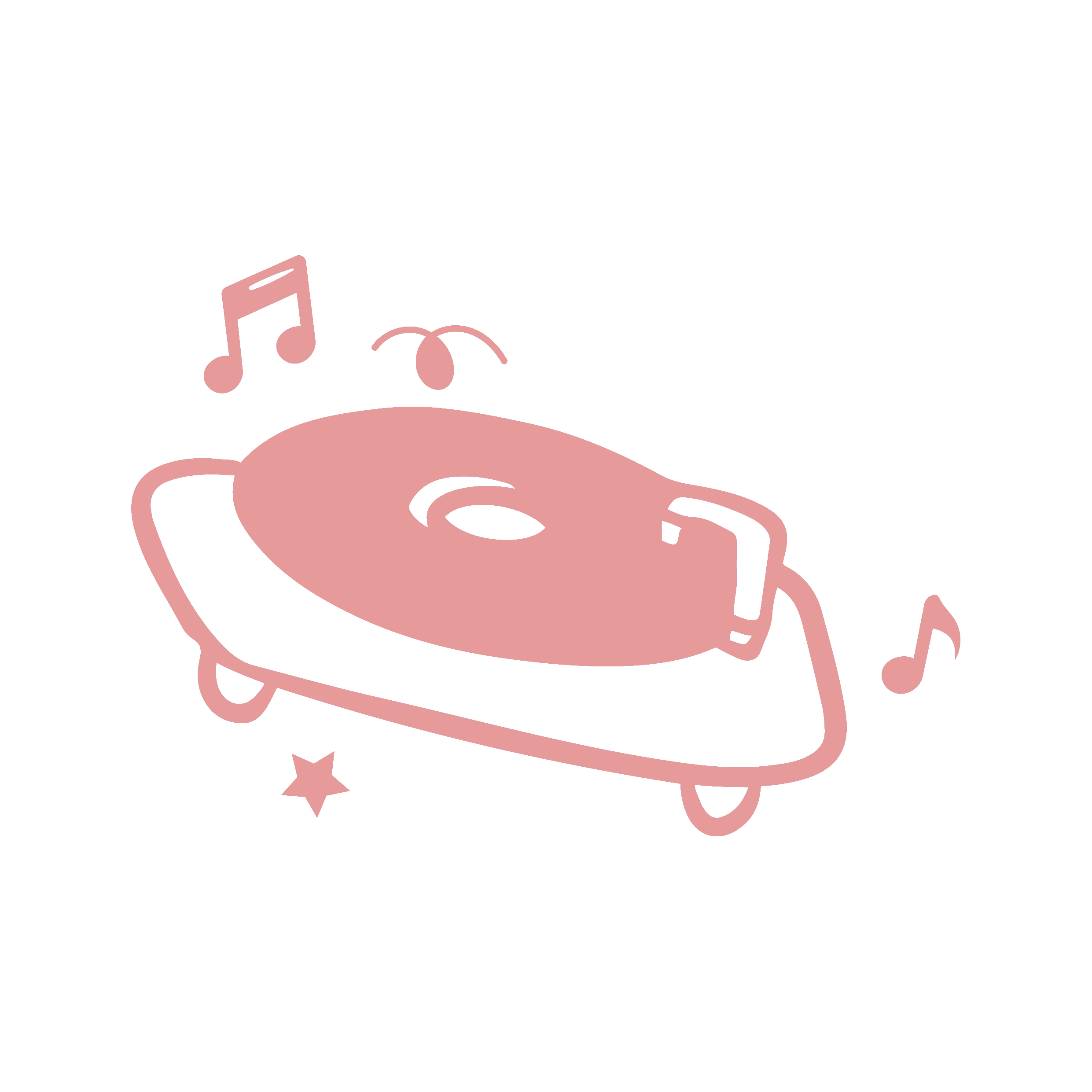 Un dessin d'une platine de dj rose avec des notes de musique flottant au-dessus, évoquant un thème musical ou joyeux.