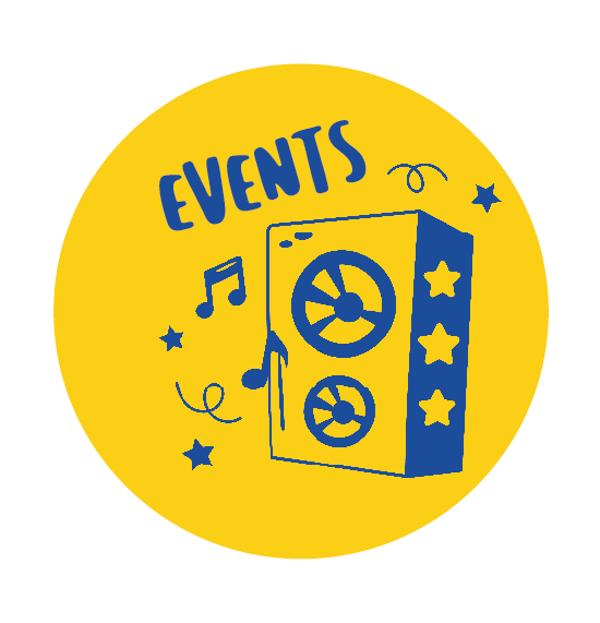 Logo rond jaune avec un haut-parleur illustré, la phrase 'EVEN'ST' en bleu, des notes de musique, des étoiles et des décorations festives.