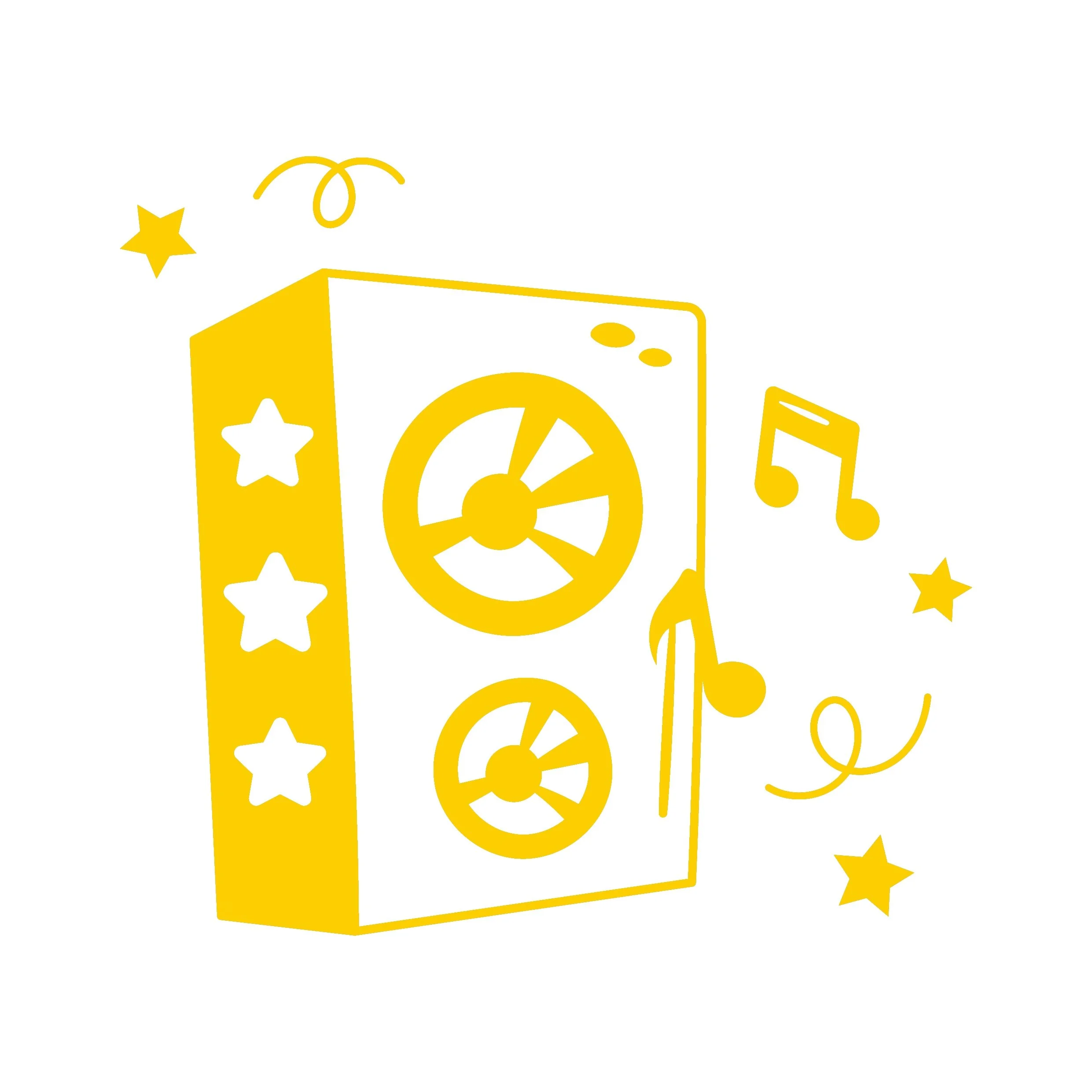 Une illustration simple en jaune avec une boîte, des étoiles, une roue, une note de musique et une boucle, dans un style minimaliste.