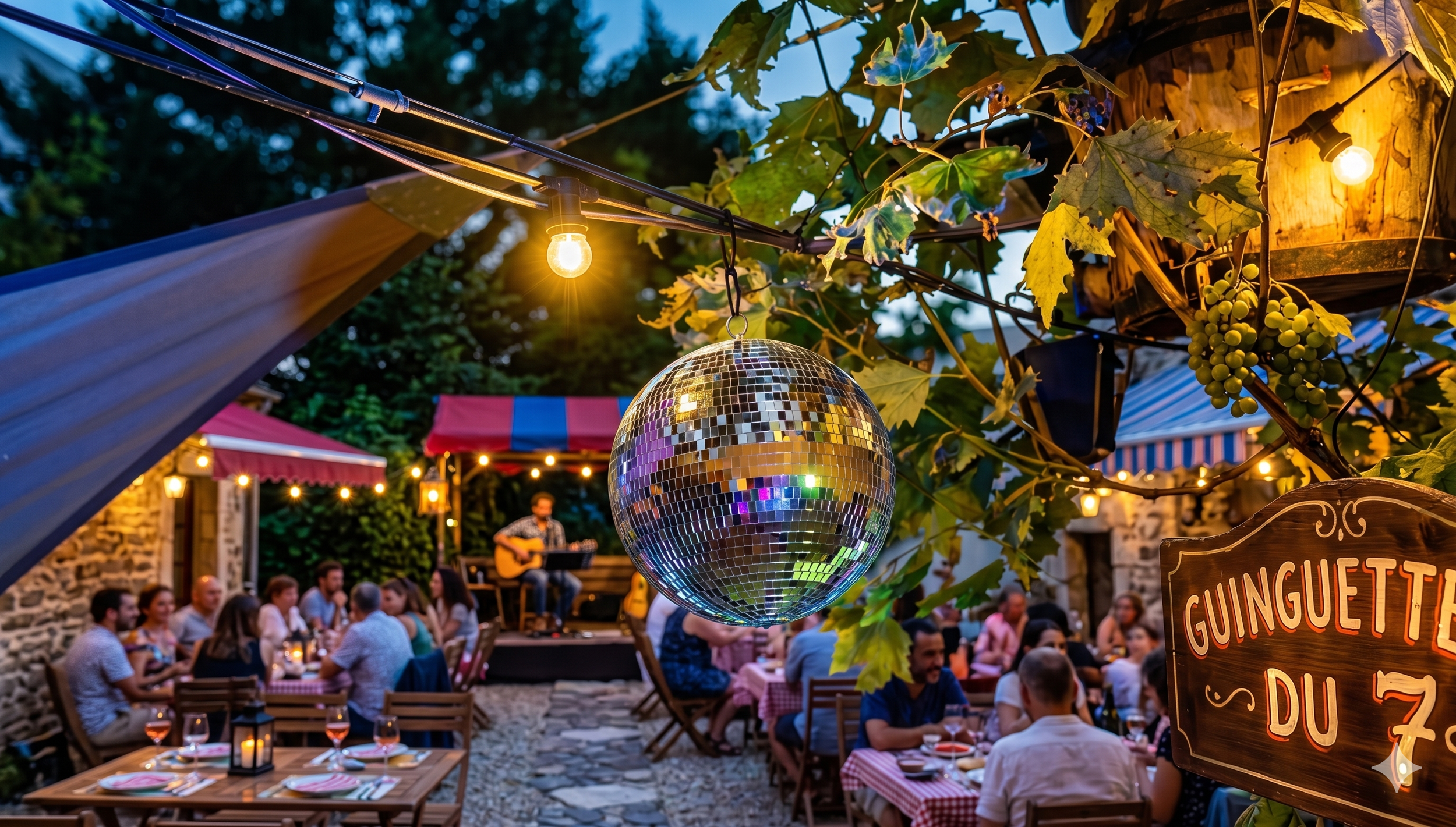 La guinguette du 7 décorée de guirlandes lumineuses, et d'une boule disco suspendue. En arrière-plan, un musicien joue de la guitare, ambiance chaleureuse et festive.