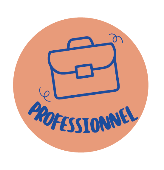 Logo rond avec une illustration d'une mallette de travail et le mot "PROFESSIONNEL" en bas, en couleur pêche et bleu.