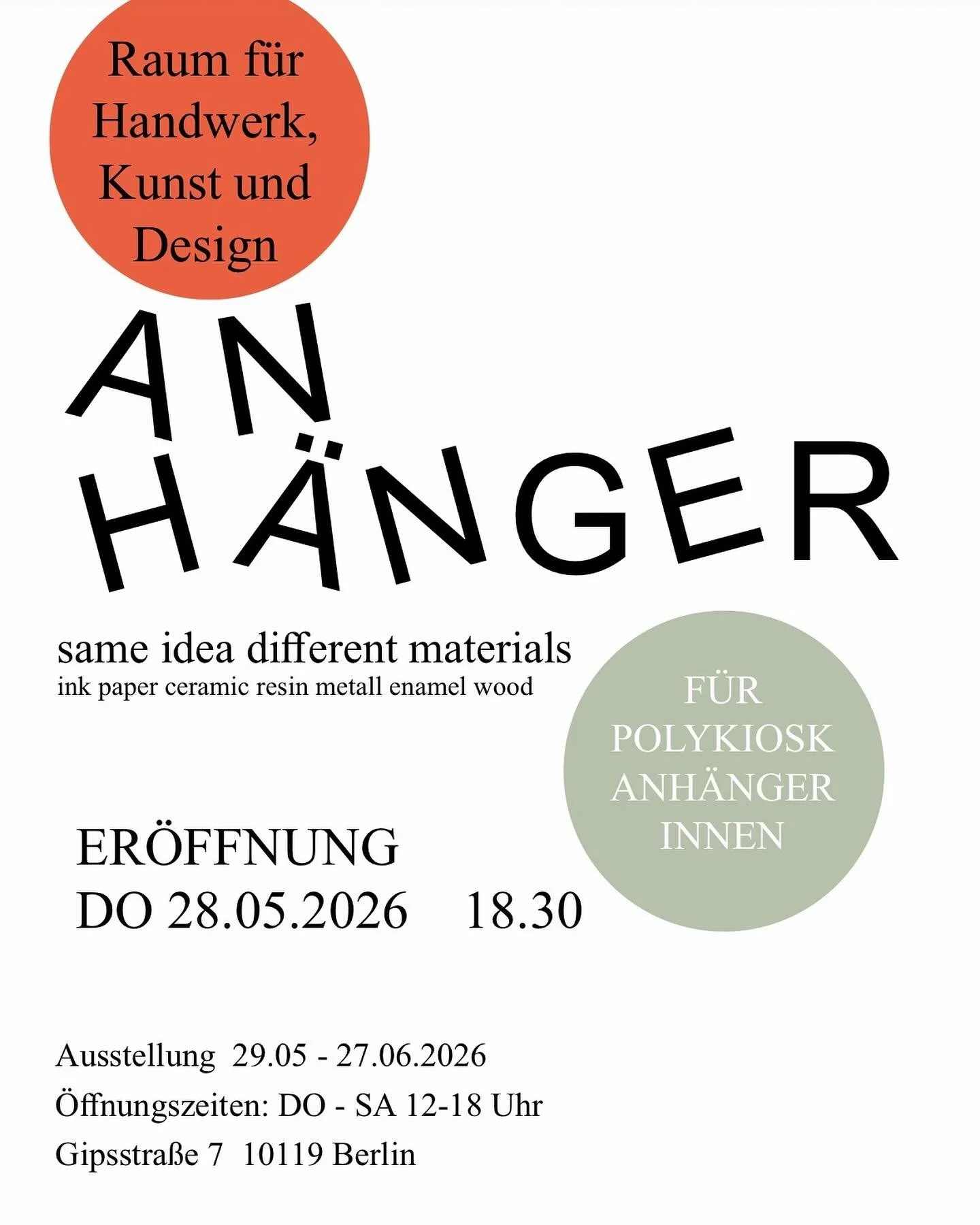 EXHIBITION

ANH&Auml;NGER

With many guest artists we will show a wide selection of pendants from different materials and various shapes.

OUR GUESTS:

@evaeichlinger 
@toninajoyas 
@sarah.cossham 
@dreigoldberlin 
@silke_spitzer 
Susanne Kuscheck
Su