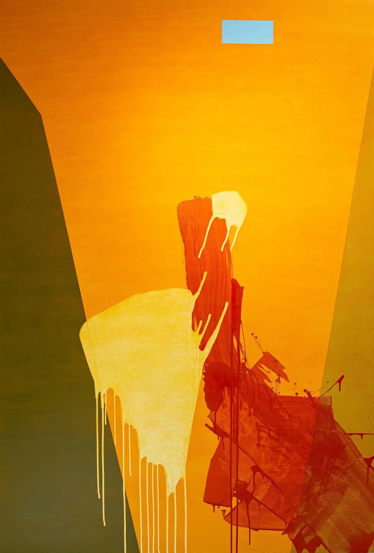 Abstract painting with a bright orange field, olive green shapes at the sides, red and pale forms layered near the centre and a small pale blue rectangle in the top right corner