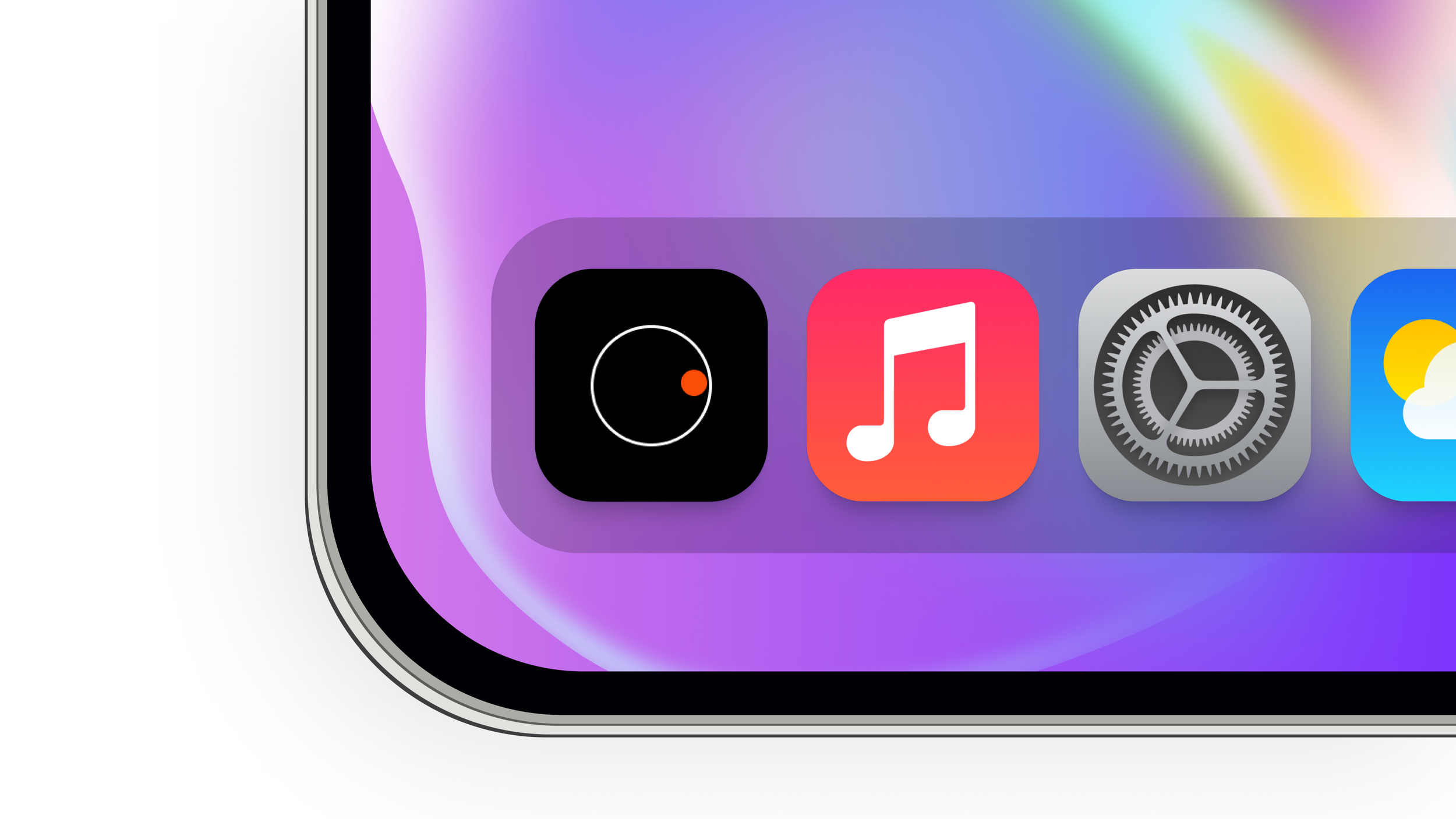 Close-up of a smartphone home screen showing app icons, including a camera, music, settings, and weather apps.