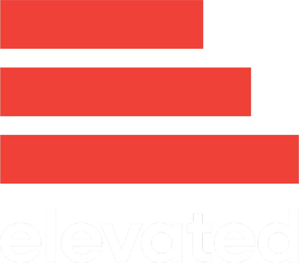 Logo with three stacked red bars and the word "elevated" in white lowercase letters.