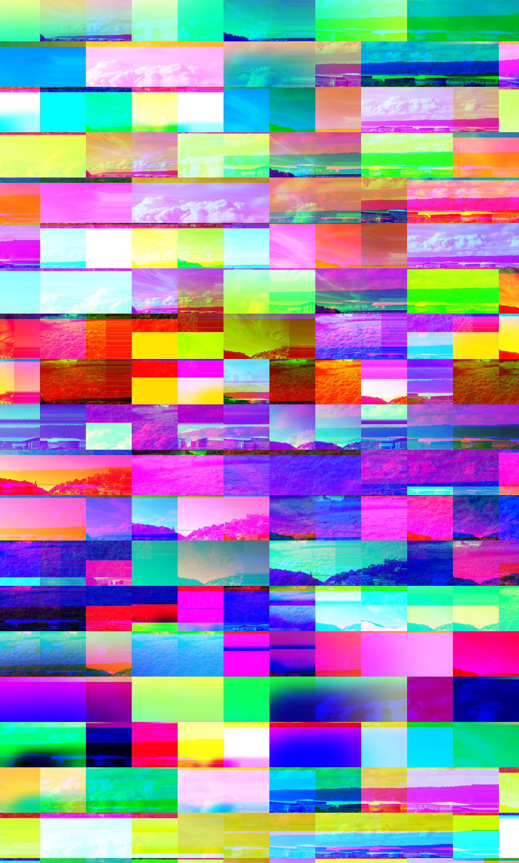 A heavily corrupted digital image displaying a landscape scene with clouds, sky, and distant mountains.