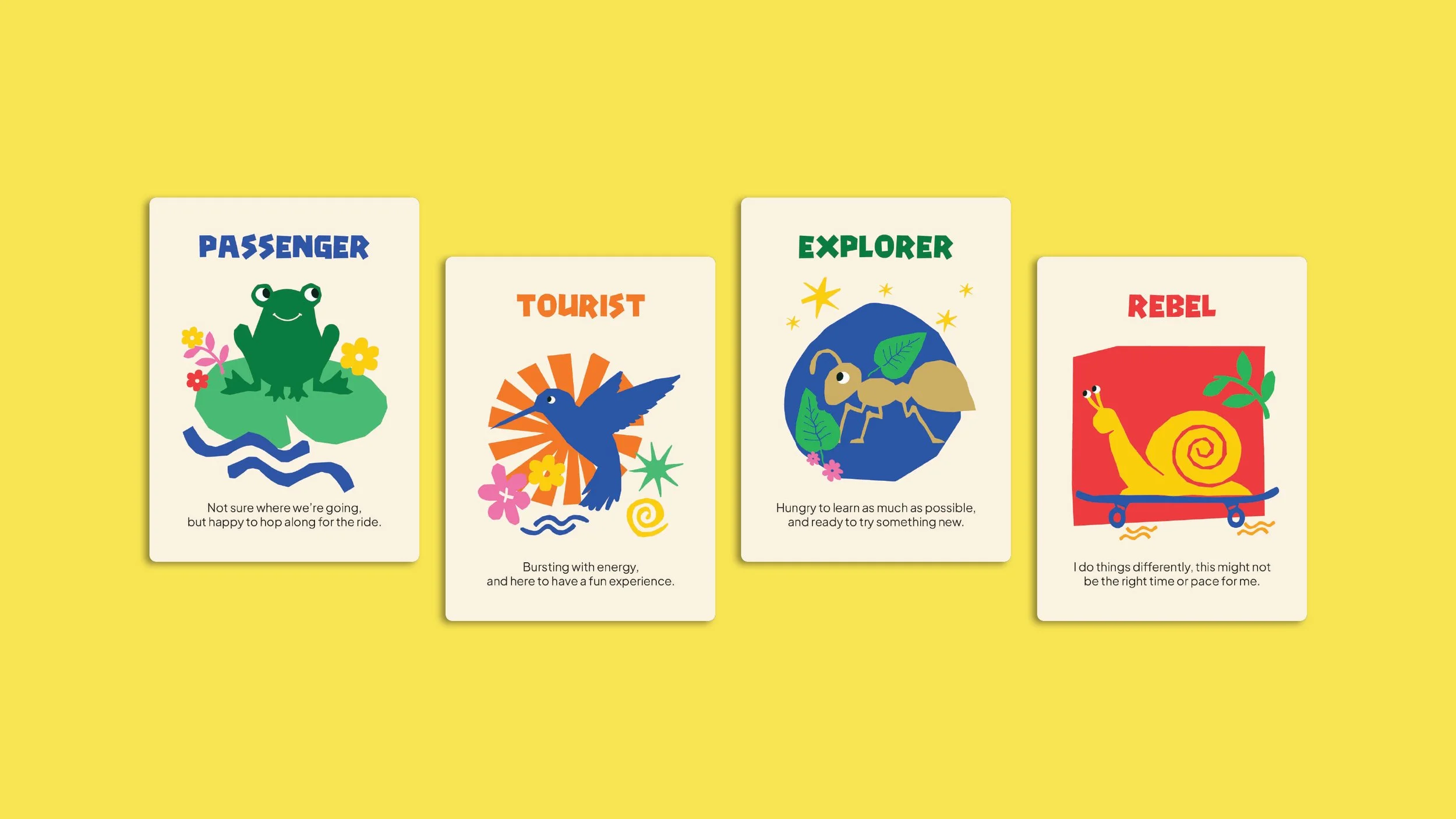 Illustration of four colorful cards with animal and explorer themes on a yellow background. Each card has a title, a cartoon animal or character image, and a description.