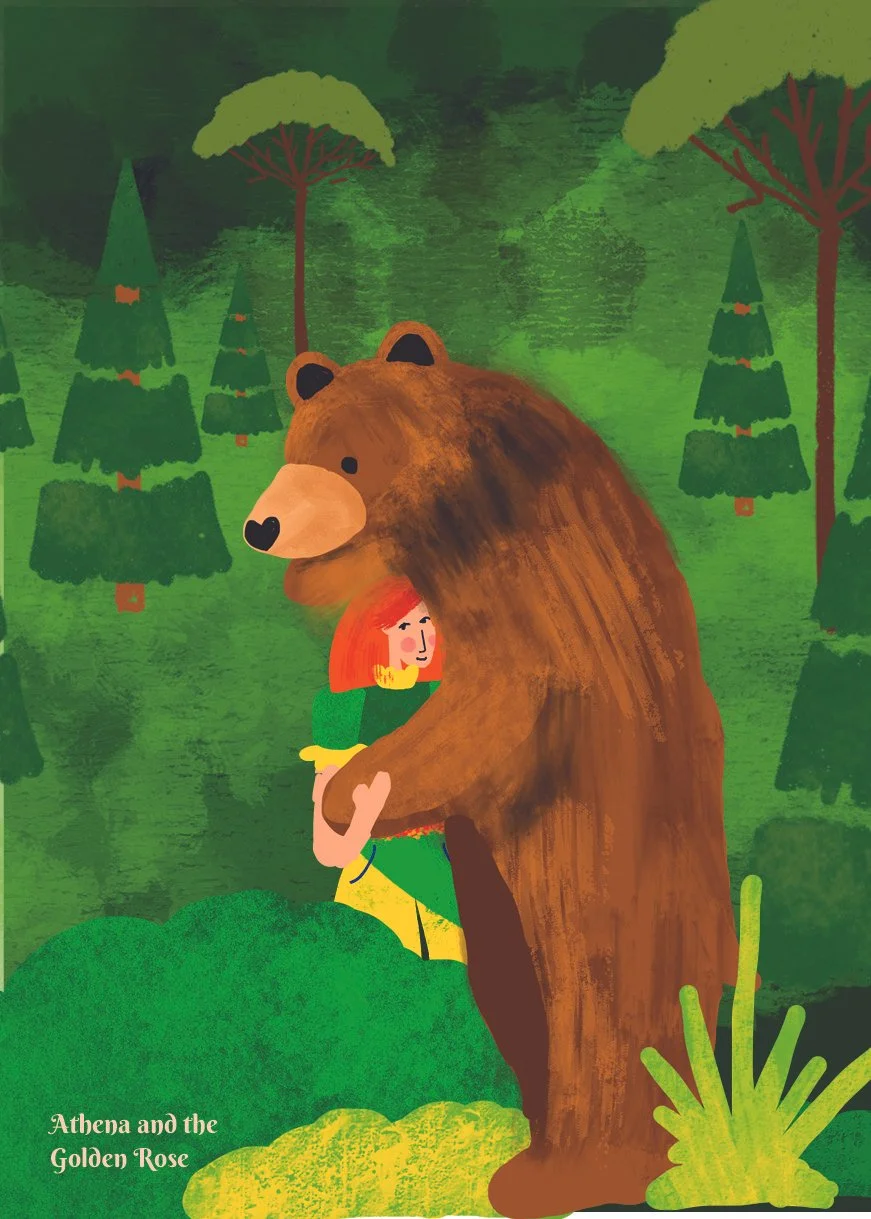 Illustration of a girl with red hair hugging a large brown bear in a green forest with trees.