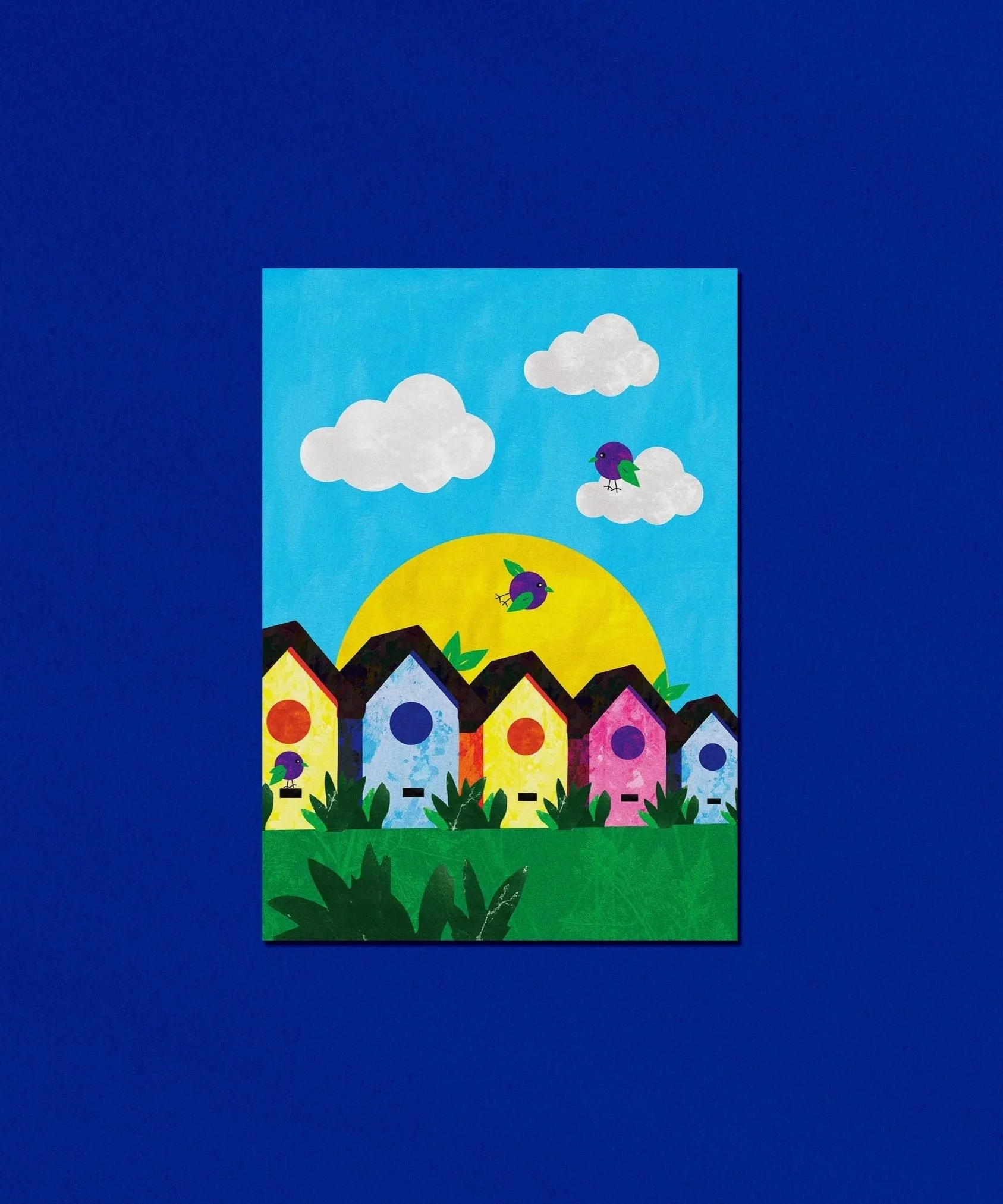 Colorful illustration of a rainbow with houses at the bottom, green grass, a yellow sun behind the rainbow, and a blue sky with white clouds and purple birds.