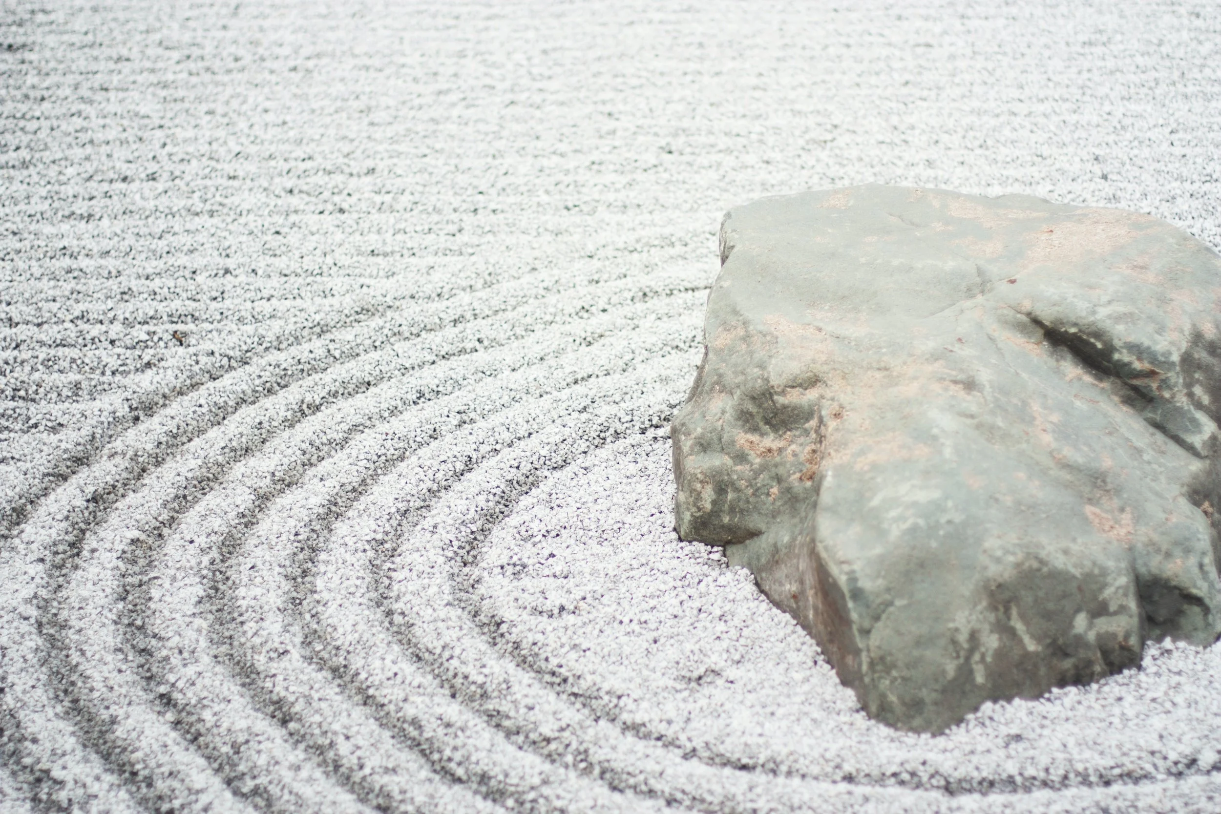 Close-up of a rock on a bed of white gravel with evenly spaced, curved lines in the gravel.