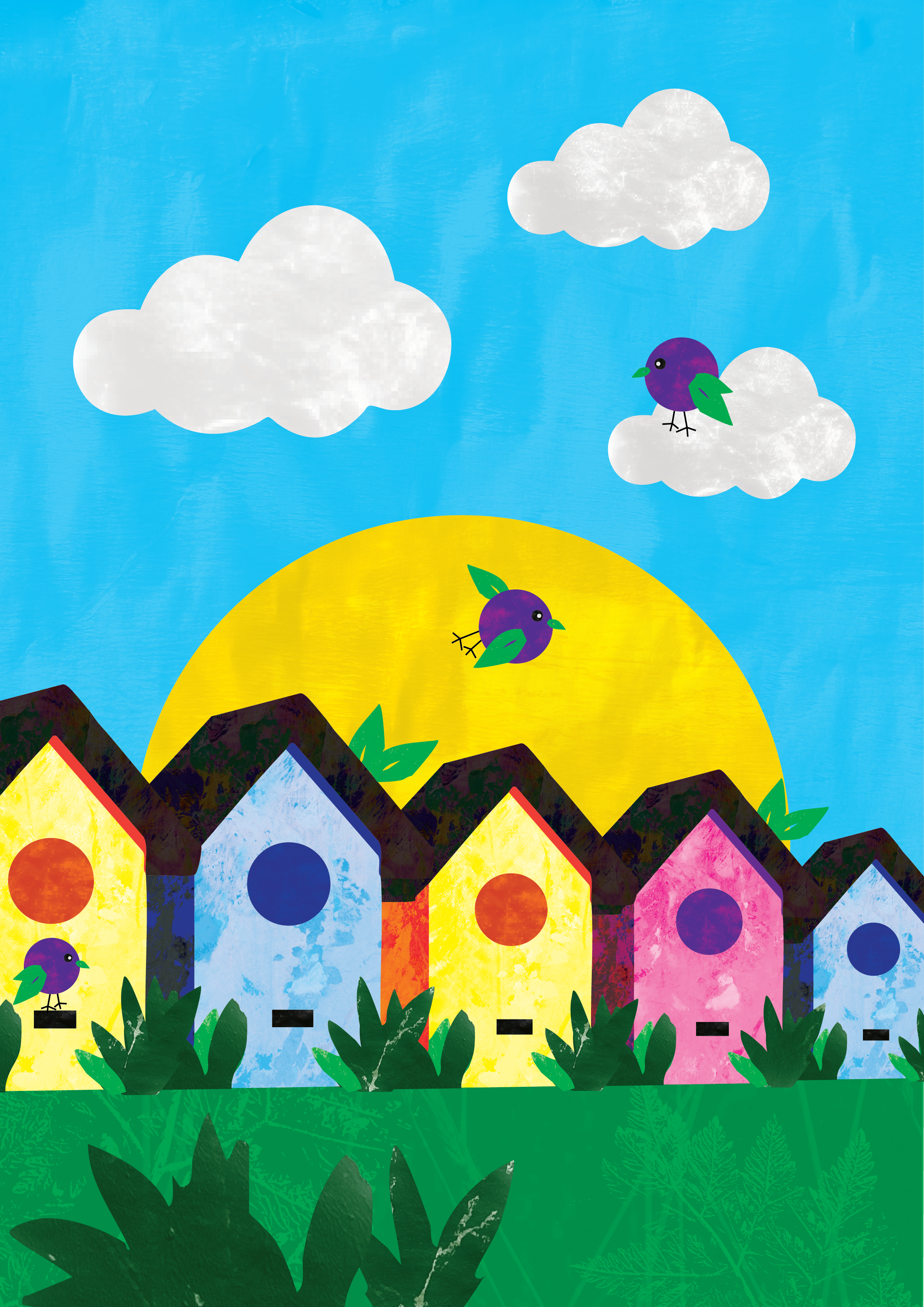 Colorful illustration of a town with houses in yellow, blue, pink colors with black rooftops, set against a bright yellow hill and a blue sky with white clouds. Several purple birds with green wings are flying and perched on the hill and clouds, with