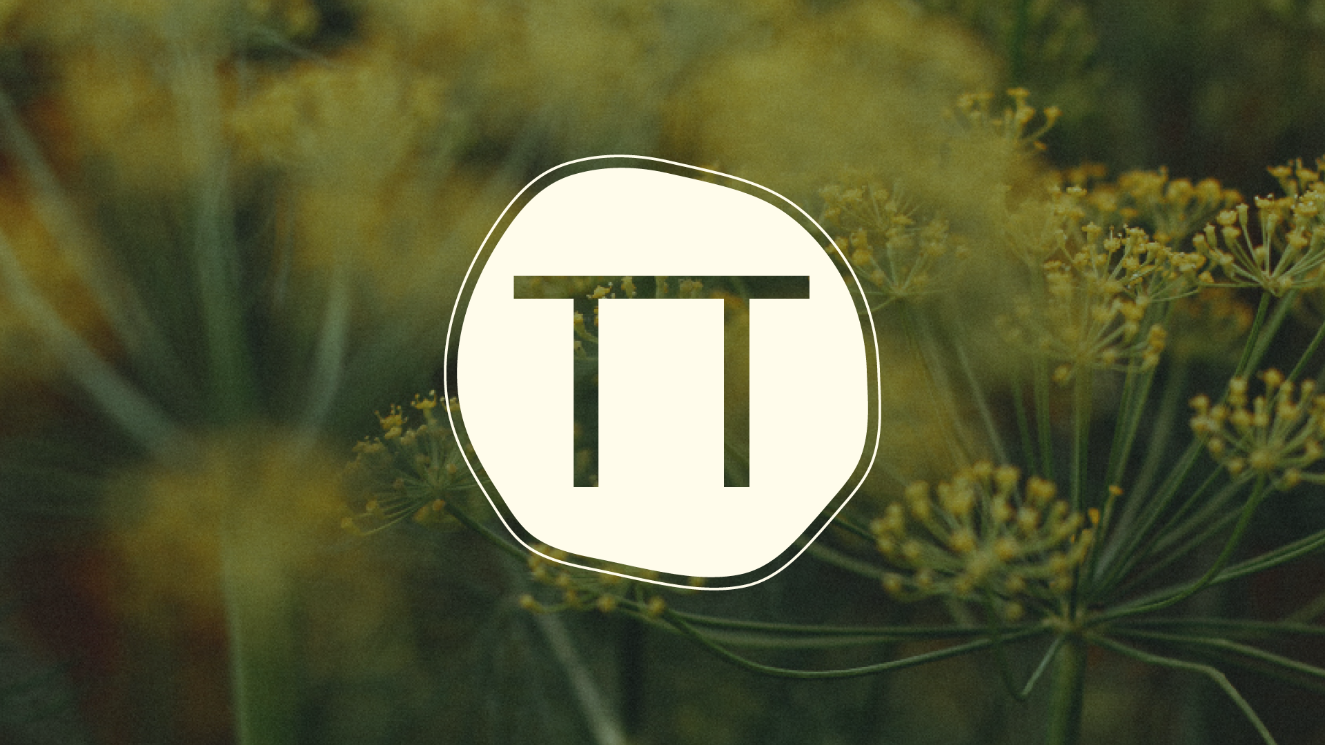 A logo with a white background and a black letter "T" inside a rounded square, overlaid on a blurred background of yellow flower blooms and green leaves.