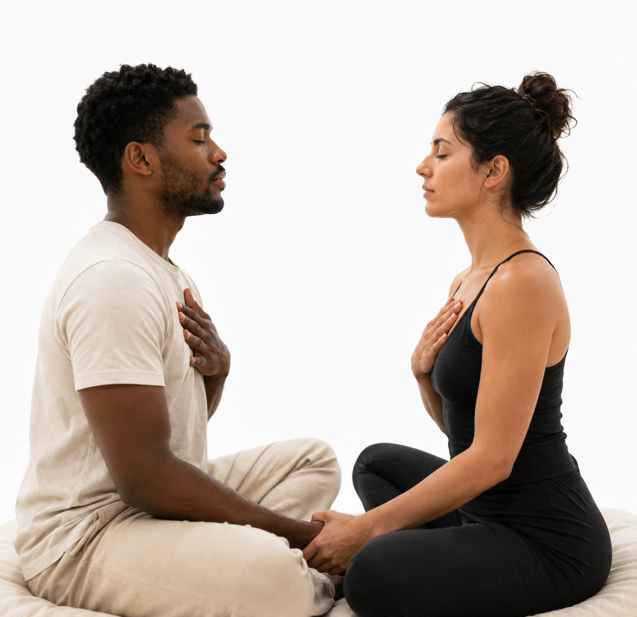 A man and woman sitting cross-legged facing each other with eyes closed, hands on their chests, and holding hands, practicing meditation or mindfulness in a peaceful setting.