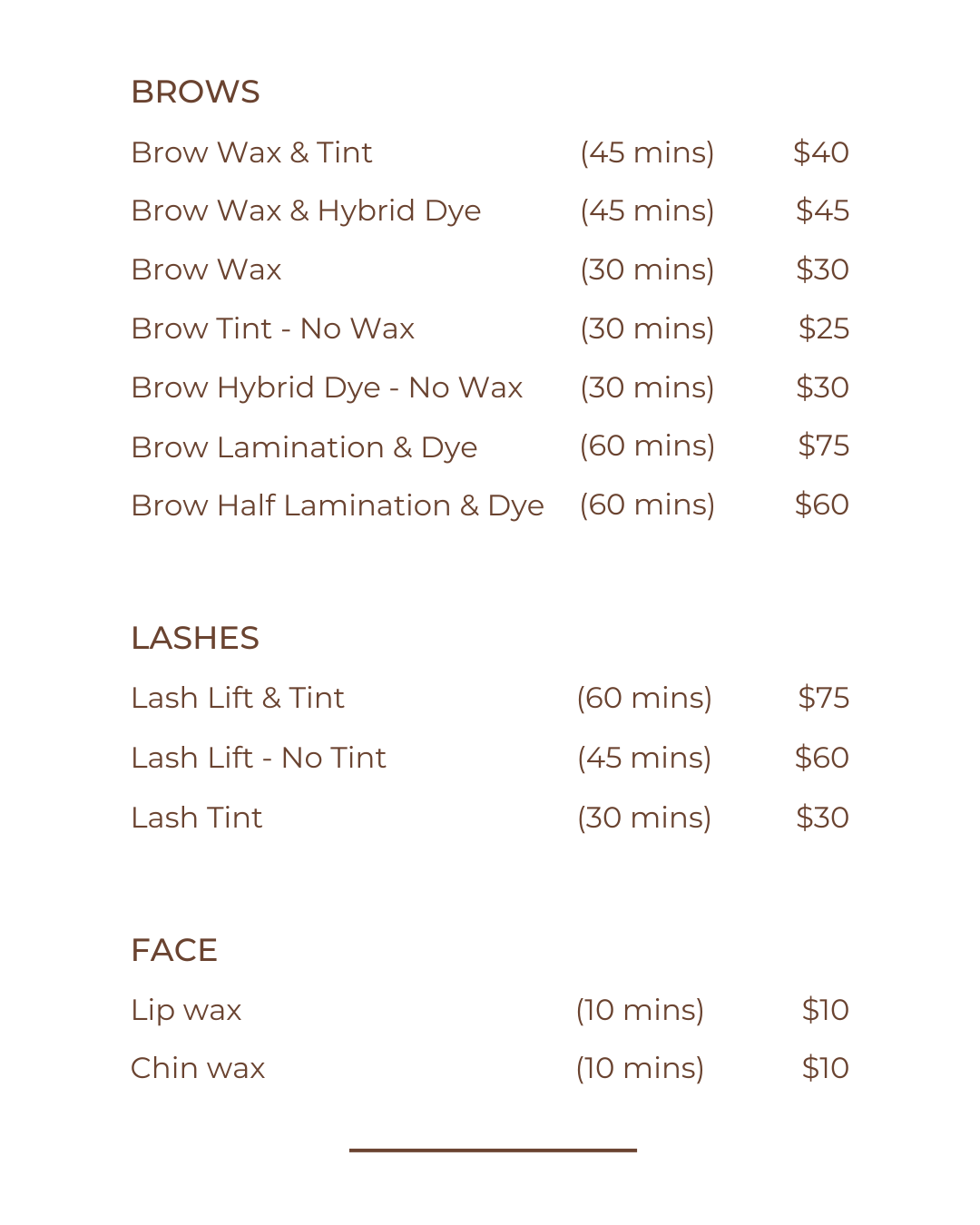 Menu listing prices and durations for eyebrow grooming, eyelash extensions, and facial waxing services.