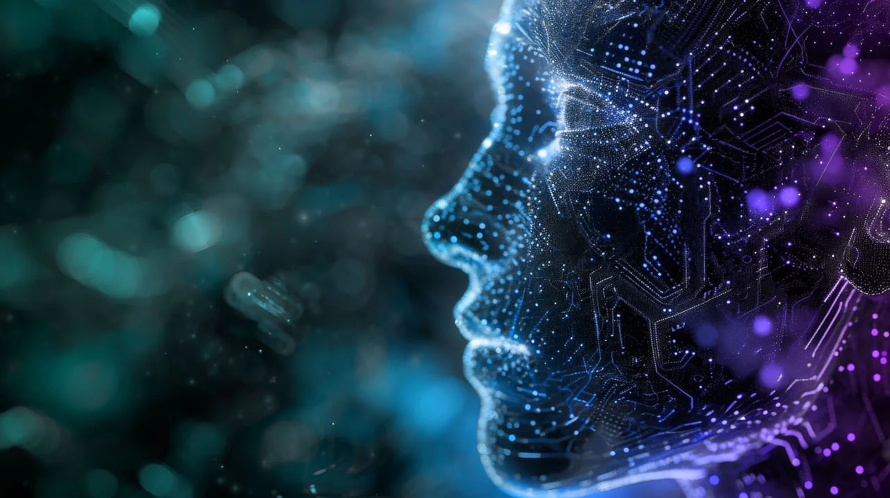 Futuristic digital face profile with circuit patterns and glowing dots, symbolizing artificial intelligence and technology.