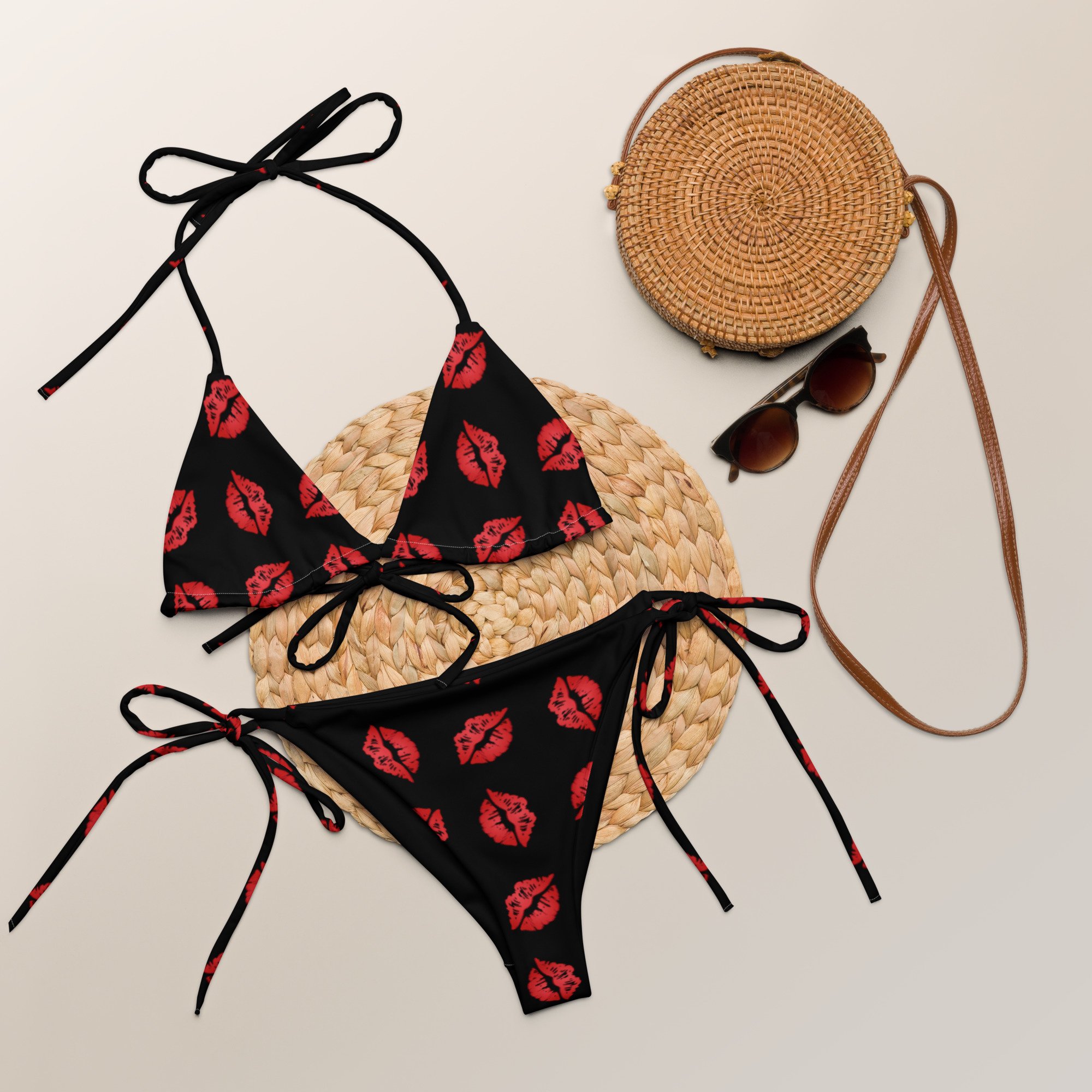 Kisses All Over Black String Bikini
