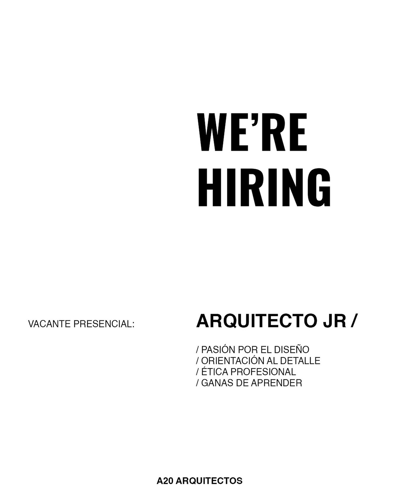 Vacante para: Arquitecto Junior | A20 Arquitectos

En A20 Arquitectos, estamos buscando un arquitecto junior con talento y motivaci&oacute;n para que se una a nuestro equipo. El candidato ideal debe de tener un gran inter&eacute;s en el dise&ntilde;o