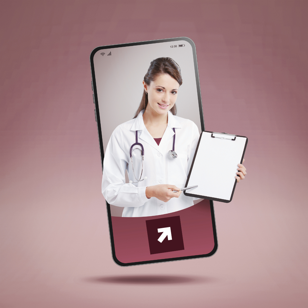 A woman in a white medical coat with a stethoscope holds a clipboard inside a smartphone screen, against a pinkish background.
