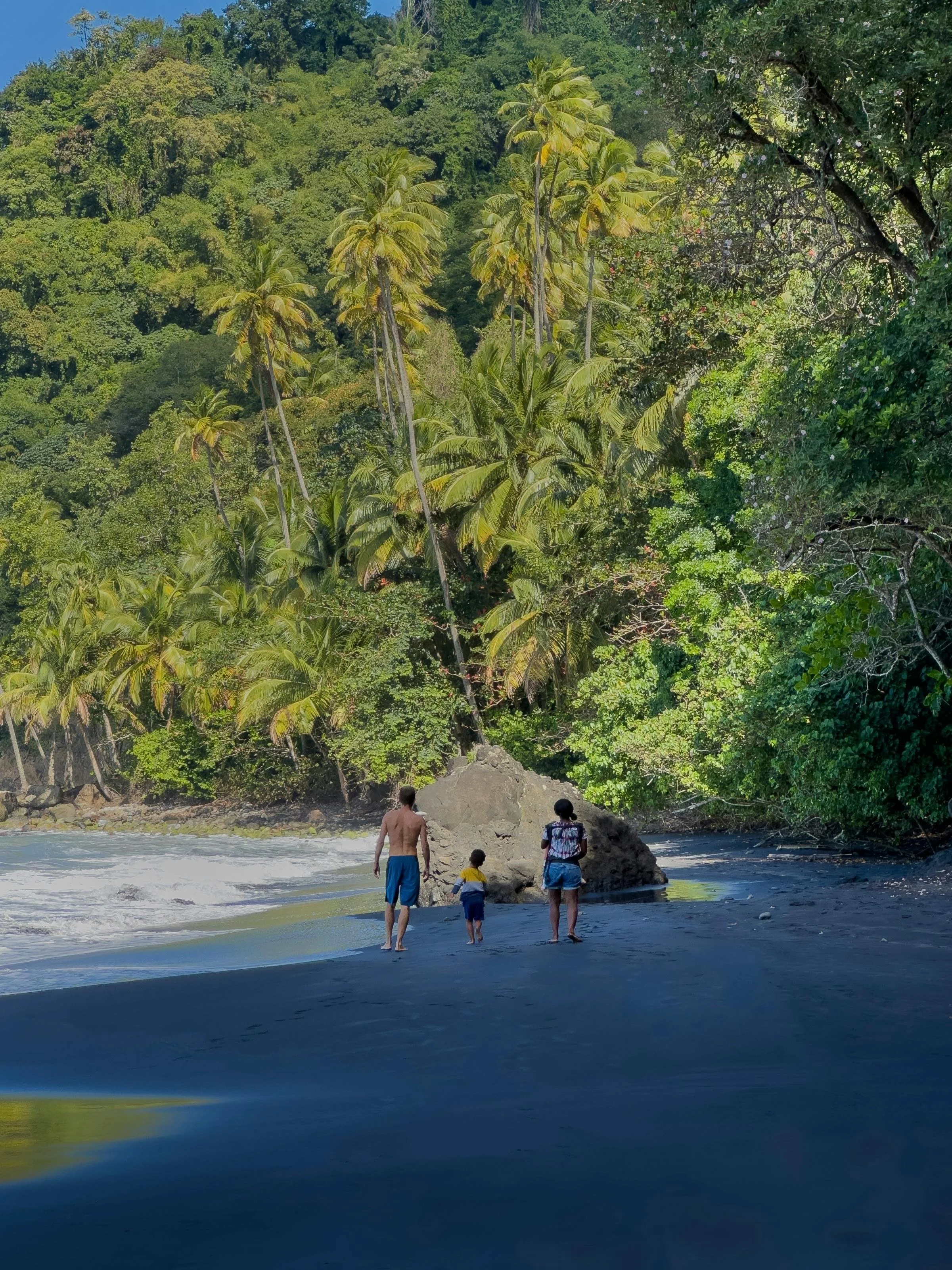 Family Walking on Black Sand Beach