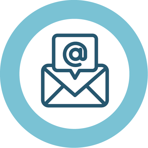 Icon of an envelope with an @ symbol inside, surrounded by a blue circle, representing email communication.