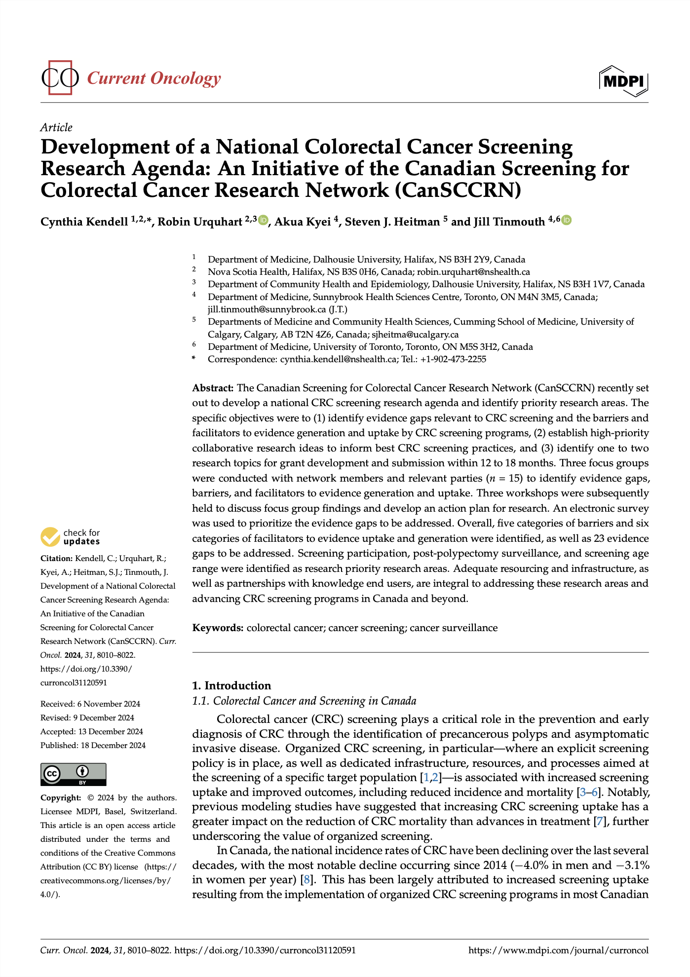 Research article titled 'Development of a National Colorectal Cancer Screening Research Agenda' published in Current Oncology. Authors are Cynthia Kendell, Robin Urquhart, Akua Kyei, Steven J. Heitman, and Jill Tinmouth. The article is an initiative of the Canadian Screening for Colorectal Cancer Research Network (CanSCCRN) with an abstract detailing the research objectives and findings related to colorectal cancer screening in Canada. Keywords include colorectal cancer, cancer screening, and cancer surveillance.