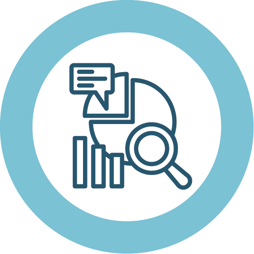 Icon of data analysis with a magnifying glass, pie chart, bar graph, and speech bubble.