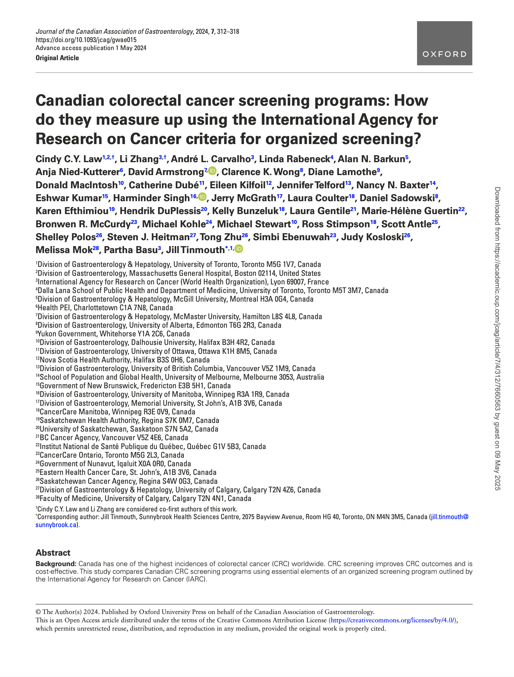 Academic journal article titled 'Canadian colorectal cancer screening programs: How do they measure up using the International Agency for Research on Cancer criteria for organized screening?' Authors include Cindy C.Y. Law and others from various institutions. Published in the Journal of the Canadian Association of Gastroenterology by Oxford University Press, May 2024.