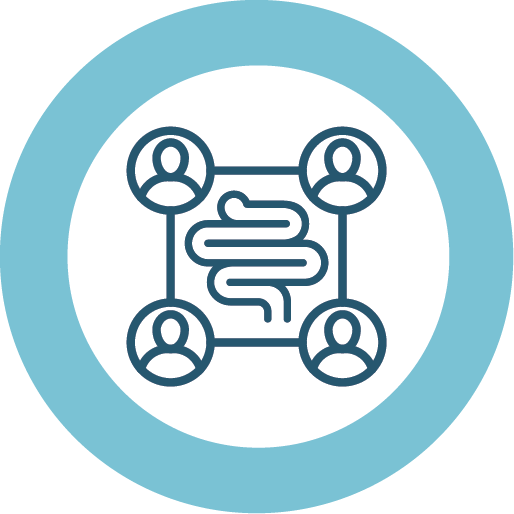 Icon of a stylized digestive tract with four human figures at corners, surrounded by a blue circle.