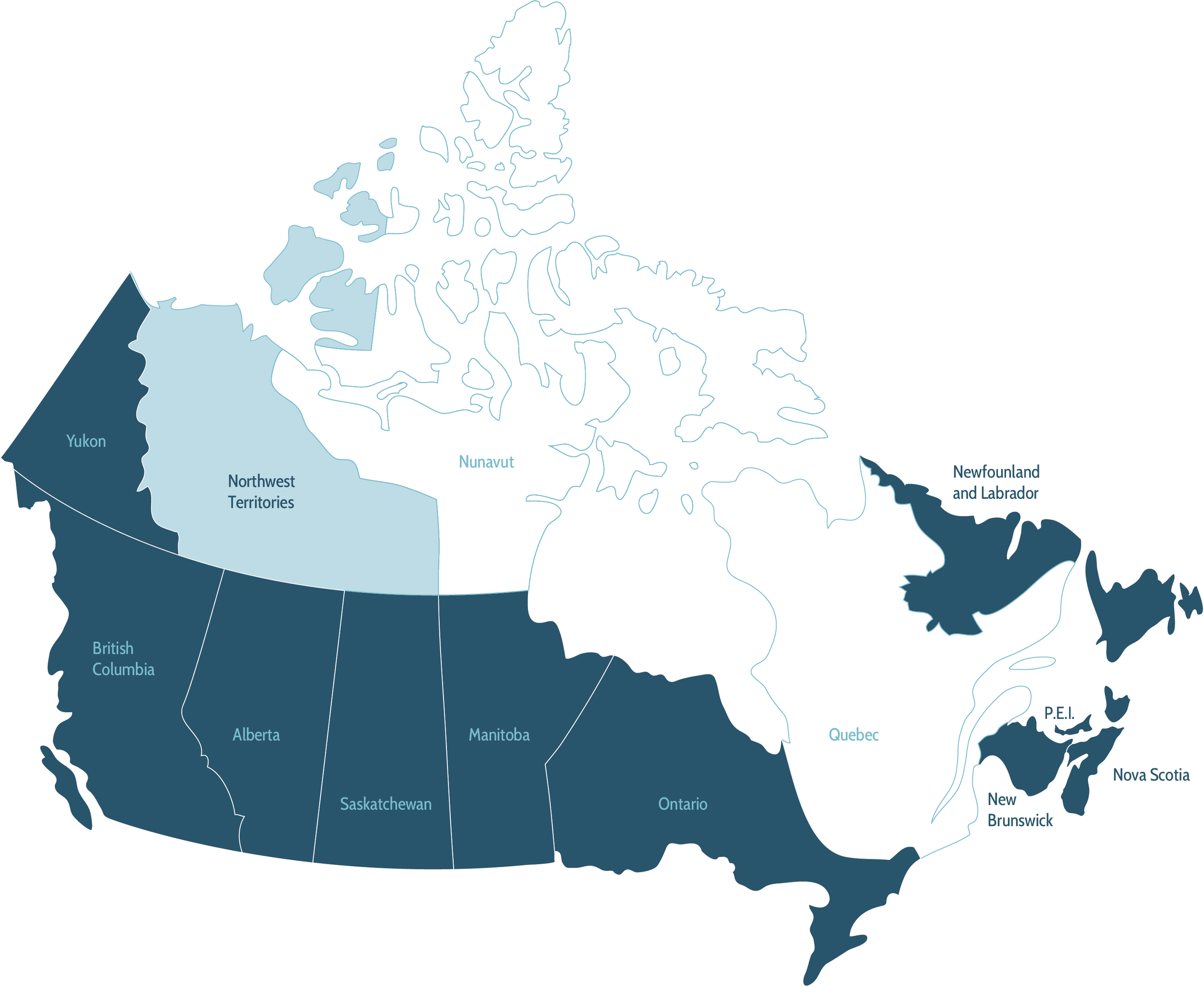 Map of Canada showing provinces and territories with distinct colors including British Columbia, Alberta, Saskatchewan, Manitoba, Ontario, Quebec, Newfoundland and Labrador, New Brunswick, Nova Scotia, Prince Edward Island (P.E.I.), Yukon, Northwest Territories, and Nunavut.