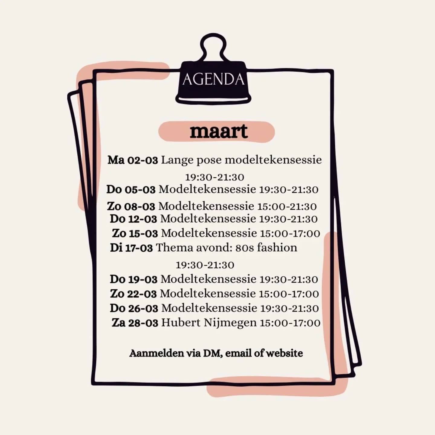 Onze agenda voor de maand MAART! Ben jij bij onze fijne modelteken sessies en/of thema avond? Meld je aan via de DMs voor je plekje!✨

Voor de sessie bij Hubert in Nijmegen kun je je tickets kopen op hun website!

Our agenda for the month of MARCH! W