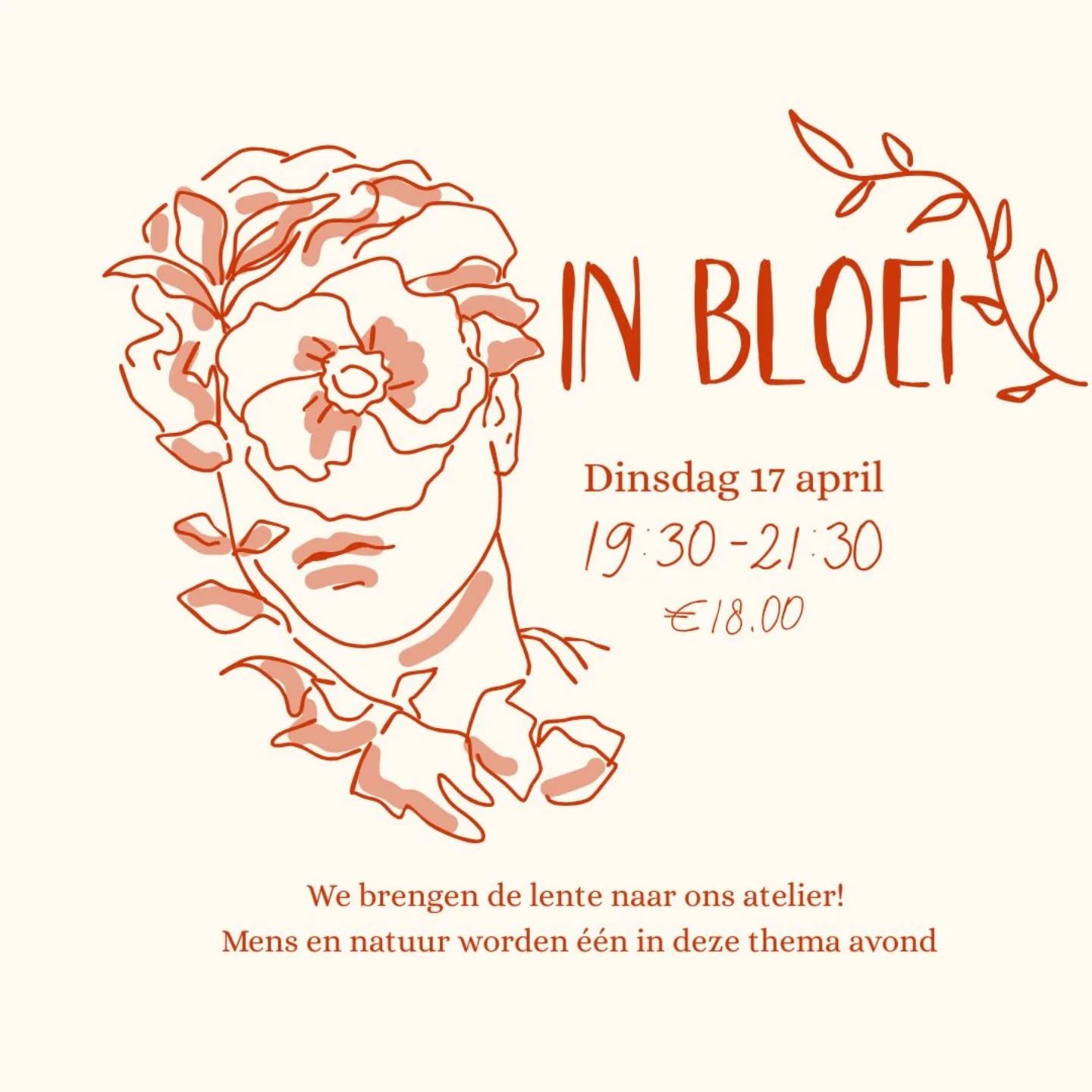We brengen de lente naar ons atelier op dinsdag 17 april (19:30-21:30)! Fijne beelden waar mens en natuur &egrave;&egrave;n worden. Laat je verassen en meld je aan via onze DMs, website of mail. Tot dan!

🗓️ 17 april 19:30-21:30
📍 Klarendalseweg 71